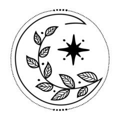 Bohemian magic crescent moon with branch and star, tattoo vector sketch