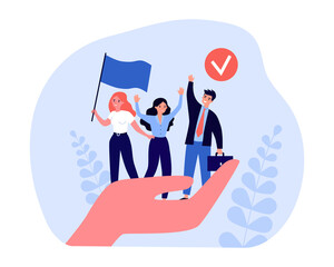 Giant hand holding tiny business professionals. Woman standing with waving flag flat vector illustration. Trade union, corporate insurance concept for banner, website design or landing web page