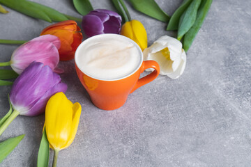 Spring multicolor tulips bouquet and cup of cappuccino on concrete background. Flowers and coffee