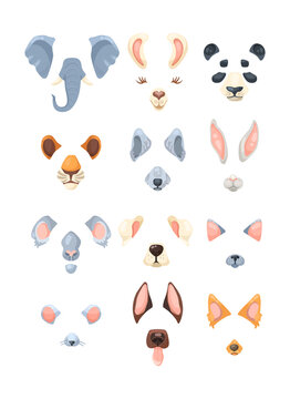 Effects with animal faces for selfies vector illustrations set. Collection of masks with animal ears, noses and muzzles for video chat or mobile application on white background. Entertainment concept