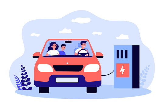 Happy Family Charging Electric Car At Station With Charger. Woman, Man And Child Sitting Inside Vehicle Flat Vector Illustration. Ecology Concept For Banner, Website Design Or Landing Web Page