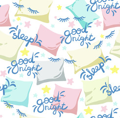 
Vector seamless pattern with hand drawn pillows and stars. Blank for printing on paper and fabrics. Print for pajamas and textiles for bed linen.