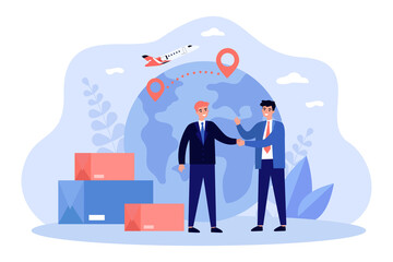 Businessmens agreement on international delivery by plane. Handshake and deal of tiny male partners flat vector illustration. Export, logistics concept for banner, website design or landing web page