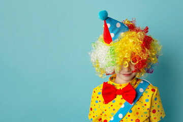 Funny kid clown against blue background. Happy child playing with festive decor. 1 April Fool's day concept
