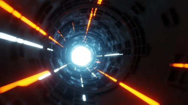 Moving light beams in sci-fi tunnel 3d Animation in Seamless Looping Traffic.,Concept for space time travel.,3d model and illustration.