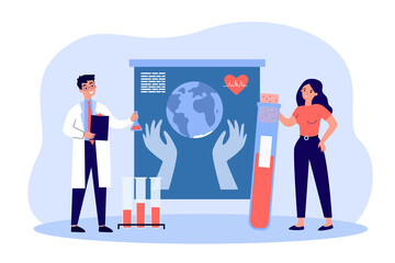 Study of human blood and health of heart by scientists. Tiny woman holding test tube for experiment flat vector illustration. Medicine, research concept for banner, website design or landing web page