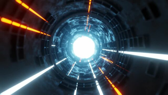 Moving light beams in sci-fi tunnel 3d Animation in Seamless Looping Traffic.,Concept for space time travel.,3d model and illustration.