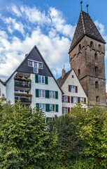 Fototapeta na wymiar Ulm, Germany. Butcher's tower (Metzgerturm) and old buildings on the Danube embankment 