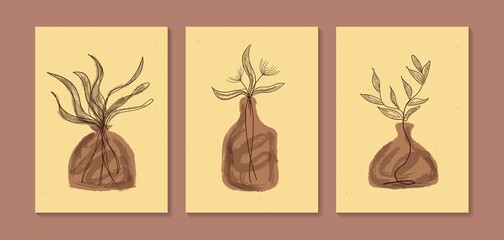 Collection of vector abstract wall art. Boho color organic shape. Artistic design for poster, print, cover, wallpaper, minimalistic and natural wall art. Vector illustration with grunge texture.