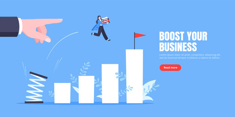 Fototapeta na wymiar Business mentor helps to improve career with springboard vector illustration. Business person jumps above career ladder graph. Success growth, motivation opportunity, boost career concept.