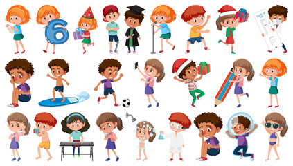 Set of children doing different activities on white background