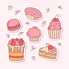 A set of doodle baking stickers. Isolated sticker pack, badges, patches.