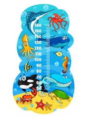 Kids height chart, cartoon sea animals. Growth measure meter. Wall sticker with scale with cute vector whale, fugu and angel fish, octopus, blue marlin, squid and crab, turtle on ocean bottom