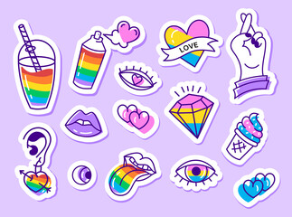 A set of LGBT community doodle stickers.Rainbow, abstraction,hand, sweets, hearts. Sticker pack, badges, patches.