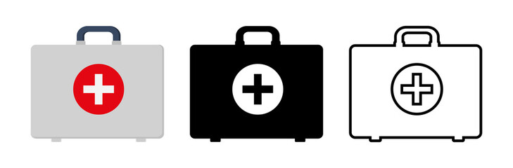 First aid kit. First aid kit icons. Doctor box outline icons. Medical bag with pharmacy for emergency. Suitcase of medic with cross. Concept health and medicine. Ambulance and hospital. Vector