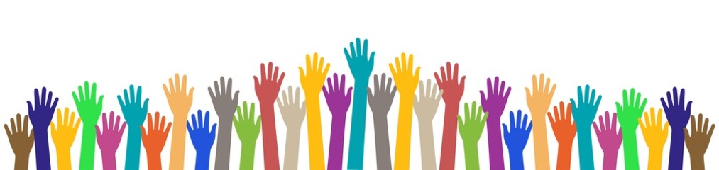 Colors hand up. hands of people. Help of volunteer. Concept of children together, united and community. Social meeting, election and teamwork. Vector