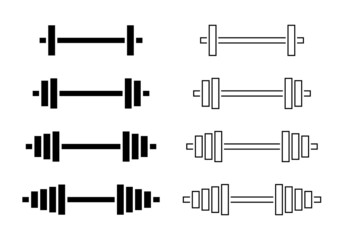 Barbell icon. Barbell icons isolated on white background. Dumbbell for gym and training. Logos of strength, fitness, gym and health. Lifting of weight. Line silhouettes for exercise. Vector