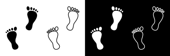 Naklejka na ściany i meble Human footprint. Line footprint icons isolated on white and black background. Foot of human. Silhouette of baby bare foot. Icon of step of people. Vector