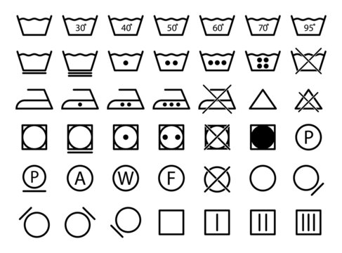 Laundry symbols. Laundry wash icons. Label for care of cloth. Set of pictogram symbols for wash machine and iron dry. Signs of instruction and warning for textile. Vector