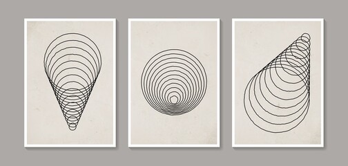 Collection of vector abstract wall art. Black and white circles. Artistic design for poster, print, cover, wallpaper, minimalistic and natural wall art. Vector illustration with grunge texture.