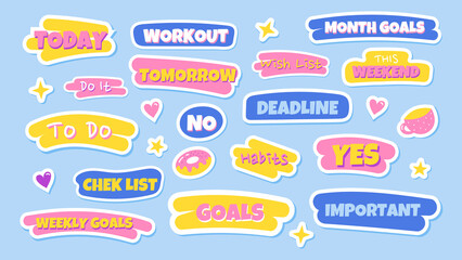 Diary, planner flat set of stickers. Isolated doodle elements for To Do List. Badges, patches, sticker pack.