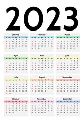 Calendar for 2023 isolated on a white background