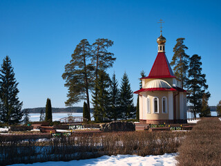 Vitebsk, BELARUS - March 10, 2022: Sanatorium Rosinka church on a landscaped area in the forest near the lake