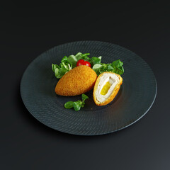 traditional dishes of European cuisine, delicacy, banquet snack. culinary dishes on a white plate on a black background. restaurant service