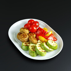 traditional dishes of European cuisine, delicacy, banquet snack. culinary dishes on a white plate on a black background. restaurant service