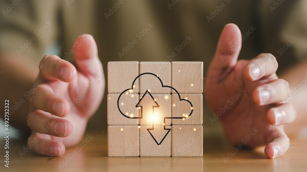 Aufkleber man showing the cloud computing to transfer data information and upload download application. Cloud Computing Technology Internet Storage Network concept.