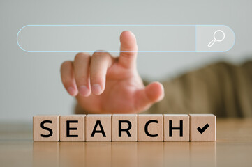 Data Search Technology Search Engine Optimization. man's hands touching virtual screen search bar to Searching for information. Using Search Console with your website.