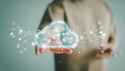 Cloud Computing Technology Internet Storage Network, man touching virtual cloud computing data and security on global networking with connection line business icon ecommerce. marketing online.