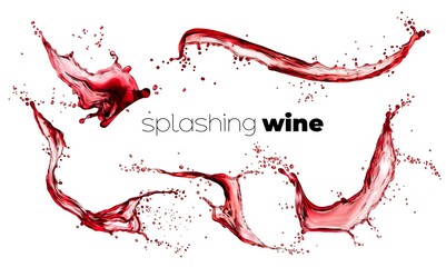 Red wine isolated splashes with drops, liquid alcohol drink swirl. Transparent vector waves, splashing swirls, aqua dynamic motion elements with spray droplets. Alco beverage ad realistic 3d design