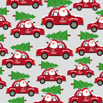 christmas seamless pattern with santa and tree on the red cars