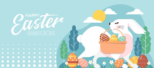 Happy easter day - A big white rabbit carries a basket with Easter eggs and Easter eggs on the ground vector design