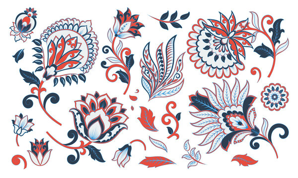 Vector set of isolated elements paisley, flowers and leaf for you own design