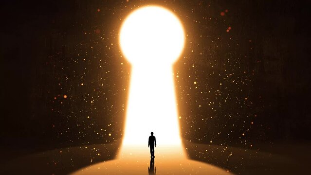 Business man walking Through a Light keyhole starry door from a dark Concrete Big Hall, Creative concept idea, Surreal door and Business concept, silhouette key door Freedom. Slow Motion Video 
