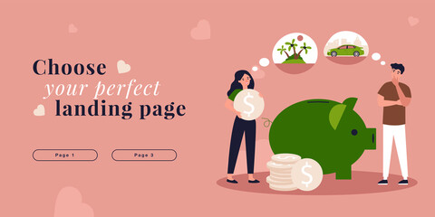 Tiny people saving money in piggy bank. Man and woman dreaming of new car and vacation flat vector illustration. Dream about financial freedom concept for banner, website design or landing web page