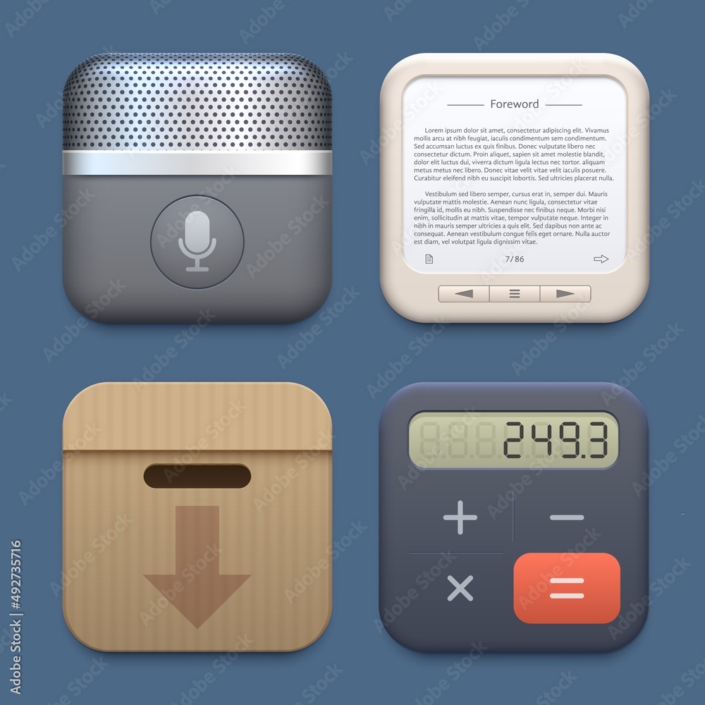 Poster Microphone, archive, book reader and calculator icons. Vector 3d buttons for application interface design. Isolated ui graphic elements for mobile app, sound record gadget, device or website interface