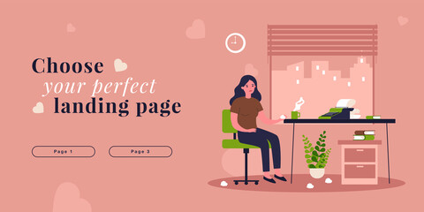 Pensive writer with creative crisis. Writing process of woman sitting with typewriter on desk flat vector illustration. Problem with imagination concept for banner, website design or landing web page