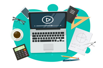 Online remote webinar lesson vector or student school distance video learning on laptop computer working desk table top view flat cartoon illustration, training elearning digital technology course
