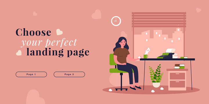 Pensive writer with creative crisis. Writing process of woman sitting with typewriter on desk flat vector illustration. Problem with imagination concept for banner, website design or landing web page