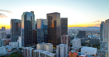 Los Angeles skyline and skyscrapers. Downtown Los Angeles aerial view, business centre of the city....
