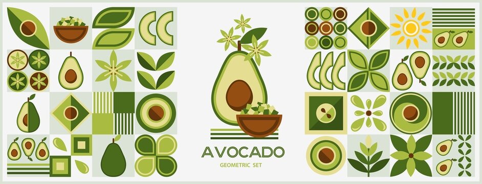 Set of design elements and logo with avocado in simple geometric style. Abstract shapes. Good for branding, decoration of food package, cover design, decorative home kitchen prints, background.