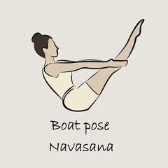 Yoga, sports, gymnastics. Human body health. Healthy lifestyle. Asanas for Vishuddha Chakra. Cobra pose, plank, camel pose, boat pose. Isolated vector objects. 