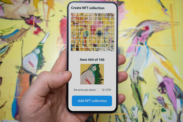 The concept of creating a digital art collection from a real painting divided into 100 pieces . Create of a collectibles Non Fungible Tokens for sale on the NFT marketplace