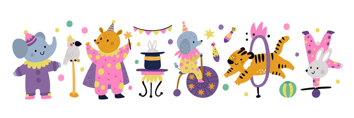Festive  baby animals characters: illusionist, animal trainer, acrobat, clown. Cute circus animals in cartoon style isolated on white background. Vector set © happydesign