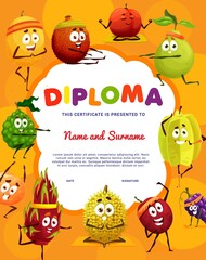 Kids diploma. Funny cartoon fruits on yoga fitness or pilates sport. Cheerful bergamot, starfruit, dragon fruit and lychee, melon ans pear, morange and grape sportsman characters in yoga poses