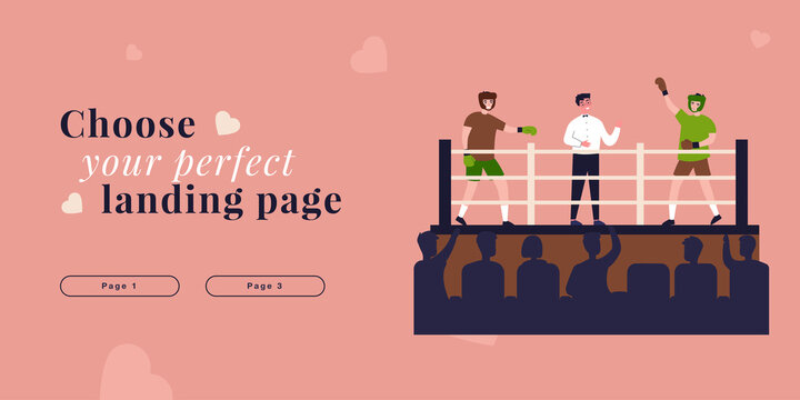 Referee Announcing Winner Of Match To Audience. Happy Boxer Champion Raising Hand On Boxing Ring Flat Vector Illustration. Victory, Sports Concept For Banner, Website Design Or Landing Web Page