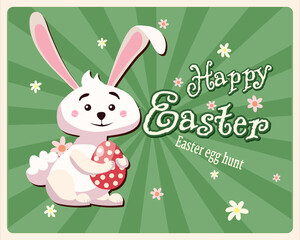 Retro Happy Easter poster. Greeting card with rabbit, bunny, egg. Vector illustration vintage